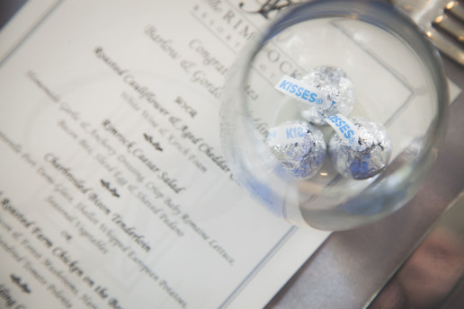 detail photo of Hershey kisses in a glass with the menu on the tables