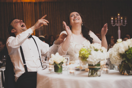 Couple laughing during wedding reception at Plaza Volare