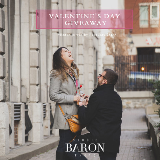 valentines giveaway promotion photo of a man down on one knee propsing to his girlfriend, while she throws her head back and laughs with delight in old montreal