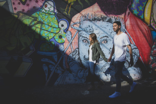 Montreal engagement shoot by Studio Baron Photo in the Plateau with colourful murals